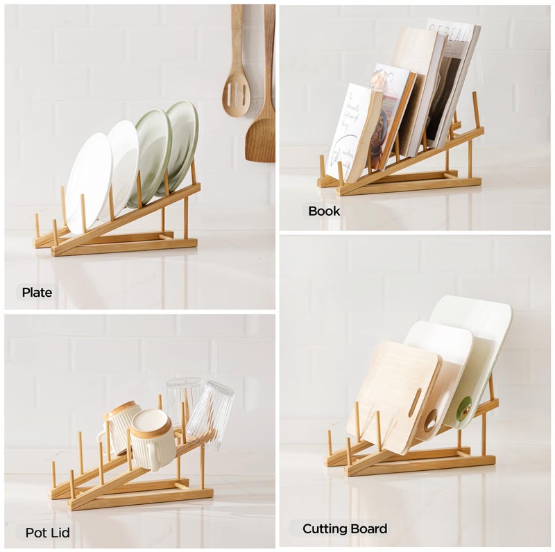 HBlife Bamboo Wooden Dish Drying Rack for Kitchen Counter, 1 PCS Dish/Book/File/Plate/Bowl/Cup/Cutting Board/Pot Lid Organizer for Kitchen, Office, Display Cabinet, Grocery Store, Supermarket - Image 4